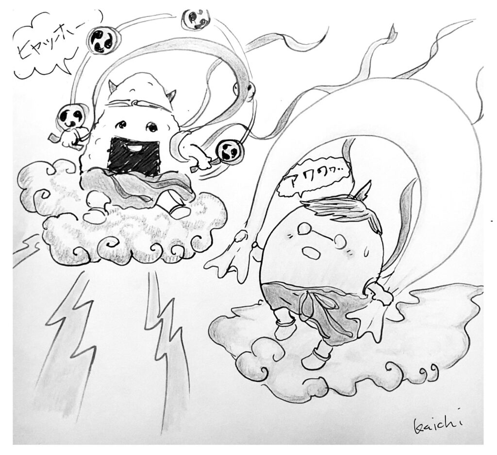 風神（おやきさん）雷神（おにぎりさん）図